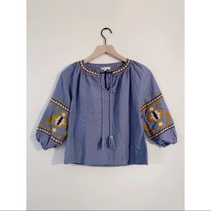 Rebellion Embroidered Blue Chambray Peasant Top